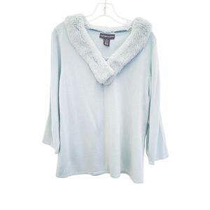 Norton McNaughton Knit Pullover sweater split V-neck  Faux Fur collar Sz XL